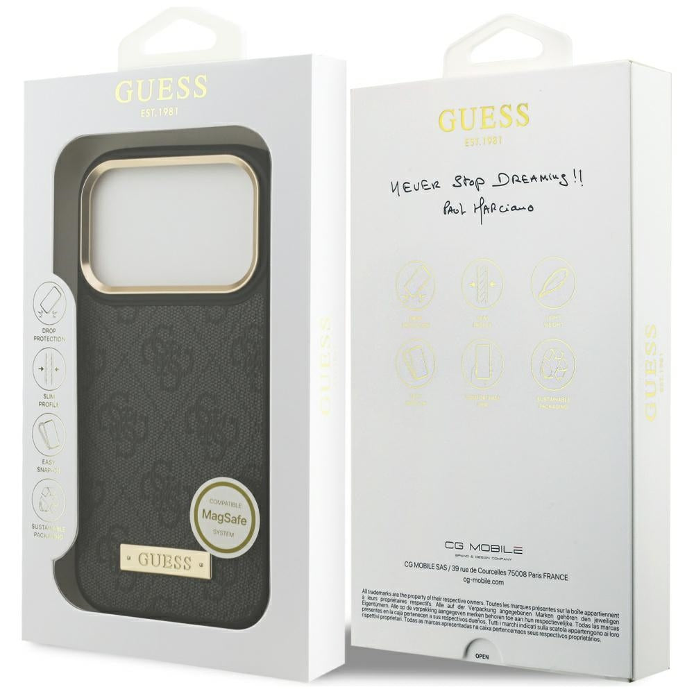 Puzdro MagSafe pre Apple iPhone 17 Pro, Guess, 4G Logo Plate, Čierne