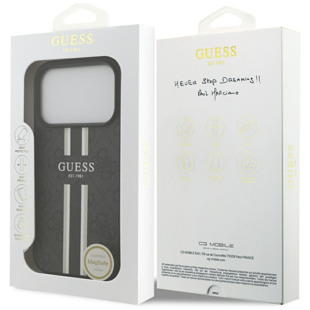 Puzdro MagSafe pre Apple iPhone 17 Pro, Guess, 4G Printed Stripes, Čierne