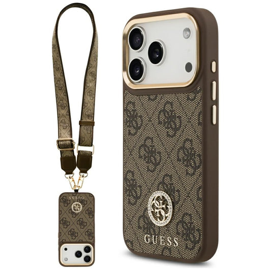 Puzdro MagSafe pre Apple iPhone 17 Pro, Guess, 4G Strass Logo with Big Strap, Hnedé