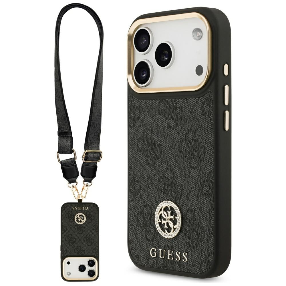Puzdro MagSafe pre Apple iPhone 17 Pro, Guess, 4G Strass Logo with Big Strap, Čierne