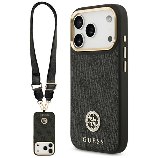 Puzdro MagSafe pre Apple iPhone 17 Pro, Guess, 4G Strass Logo with Big Strap, Čierne