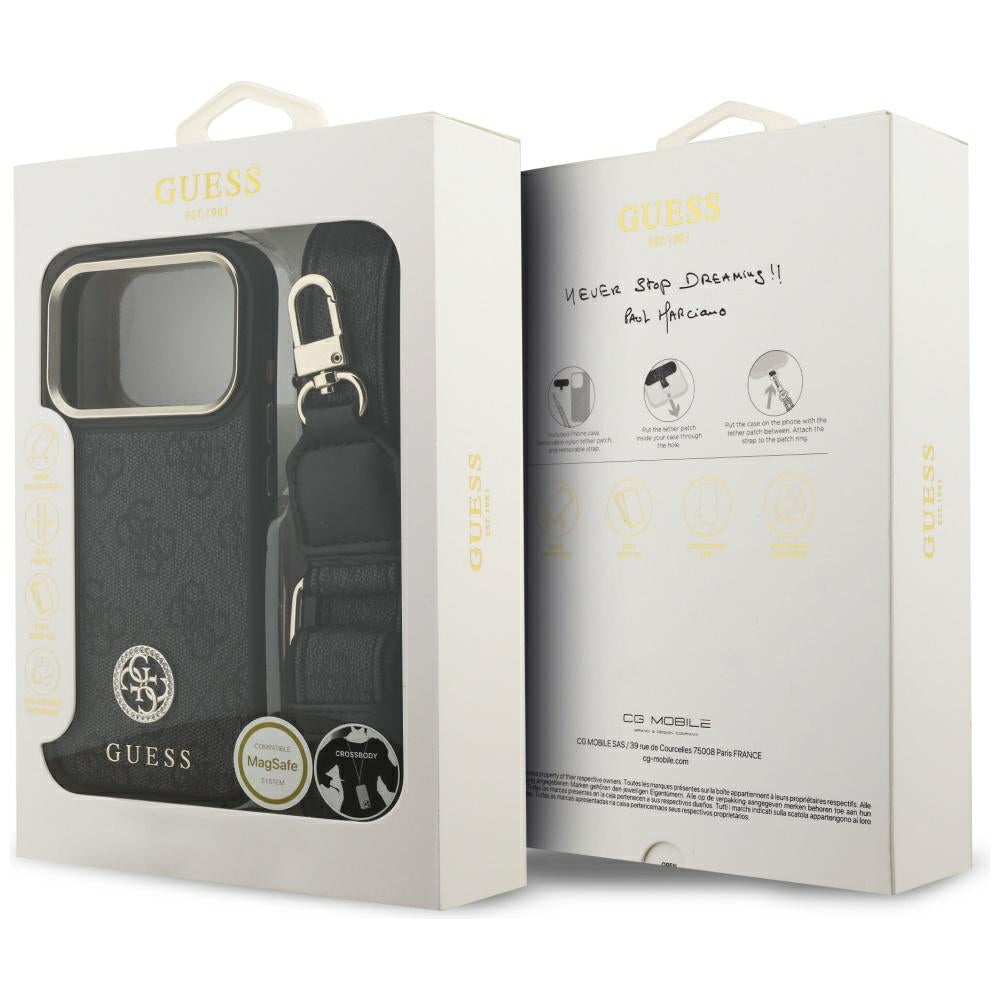 Puzdro MagSafe pre Apple iPhone 17 Pro, Guess, 4G Strass Logo with Big Strap, Čierne