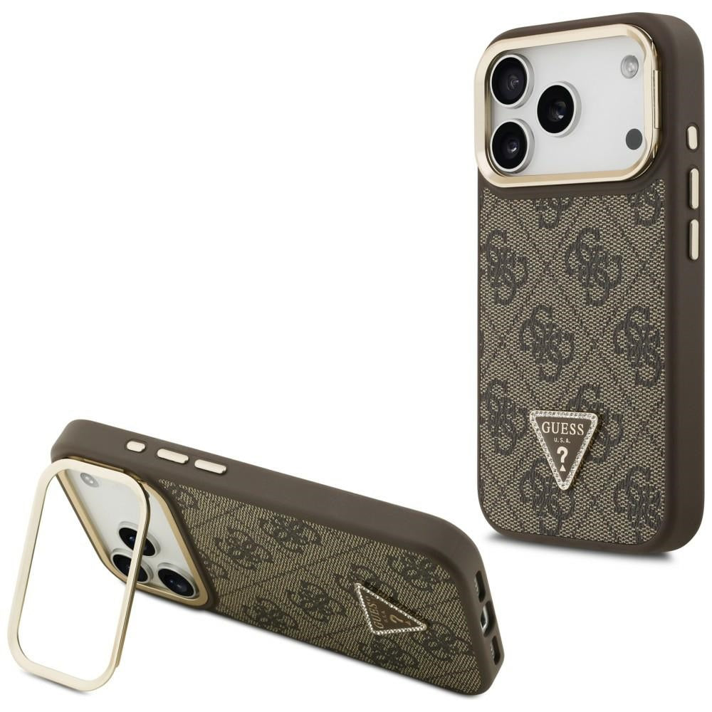 Puzdro MagSafe pre Apple iPhone 17 Pro, Guess, 4G Triangle Logo with Stand Camera, Zlatohnedá