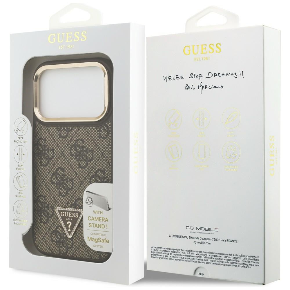 Puzdro MagSafe pre Apple iPhone 17 Pro, Guess, 4G Triangle Logo with Stand Camera, Zlatohnedá