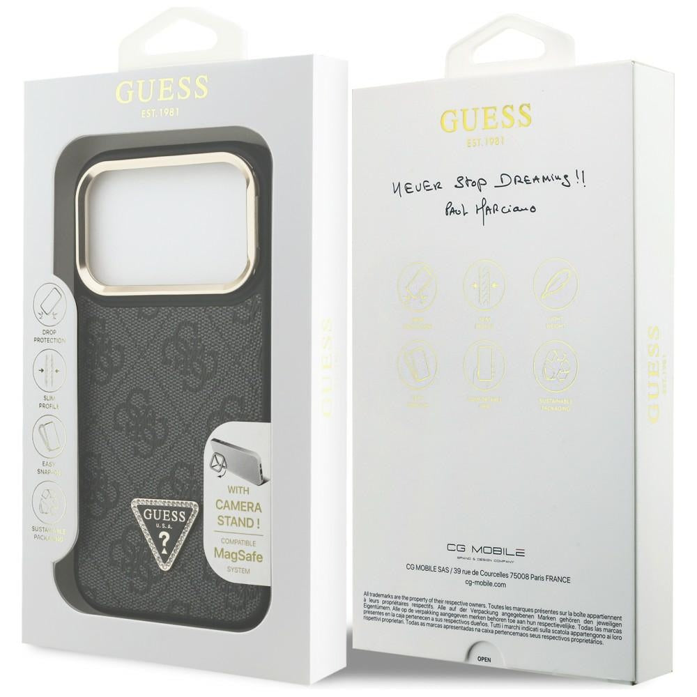 Puzdro MagSafe pre Apple iPhone 17 Pro, Guess, 4G Triangle Logo with Stand Camera, Čierno Zlaté