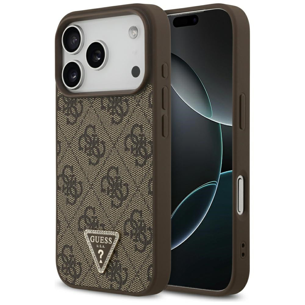 Puzdro MagSafe pre Apple iPhone 17 Pro, Guess, 4G Triangle Strass, Hnedá