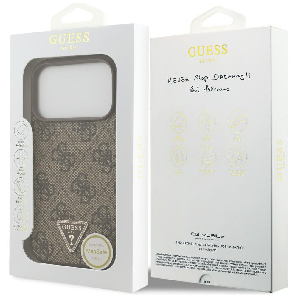 Puzdro MagSafe pre Apple iPhone 17 Pro, Guess, 4G Triangle Strass, Hnedá