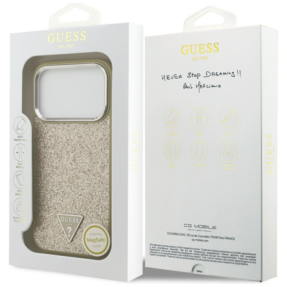 Puzdro MagSafe pre Apple iPhone 17 Pro, Guess, Glitter Triangle Logo, Zlaté