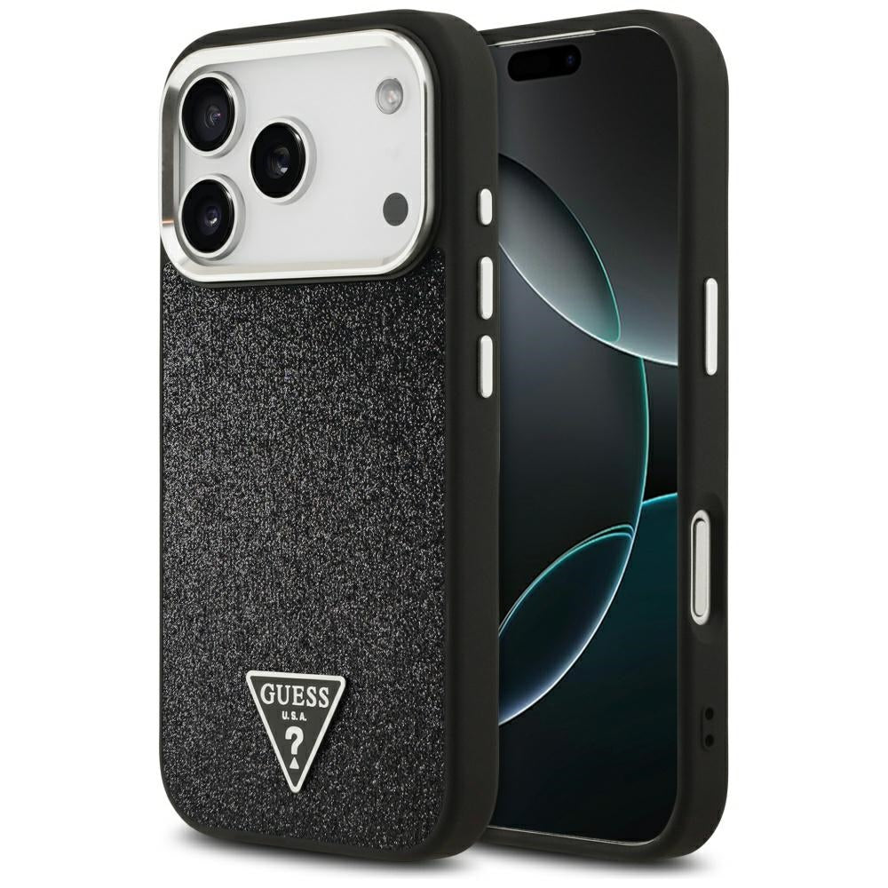 Puzdro MagSafe pre Apple iPhone 17 Pro, Guess, Glitter Triangle Logo, Čierne