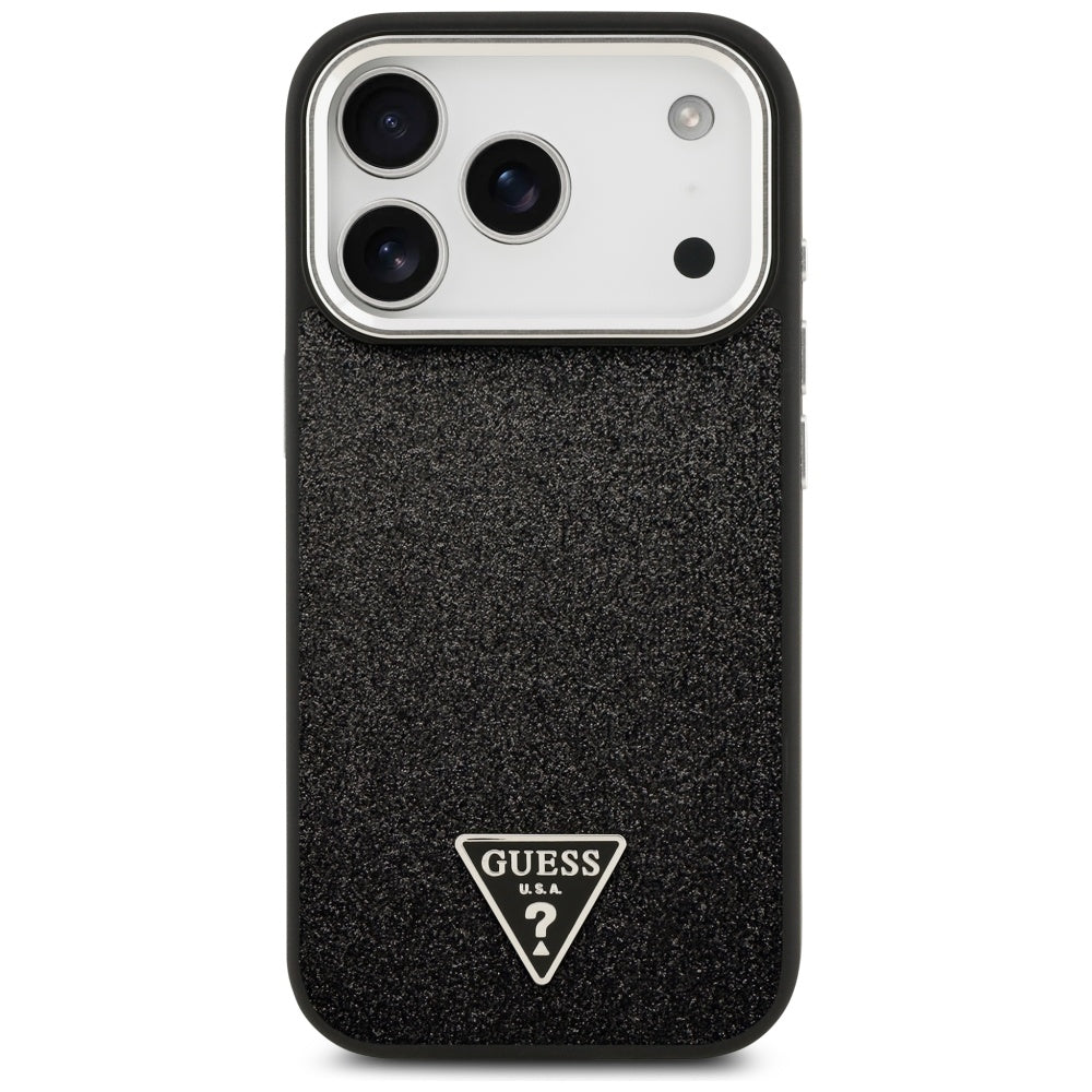 Puzdro MagSafe pre Apple iPhone 17 Pro, Guess, Glitter Triangle Logo, Čierne