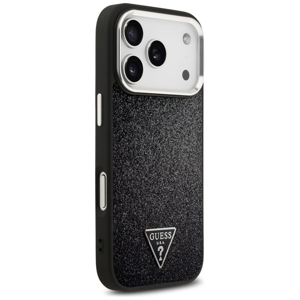 Puzdro MagSafe pre Apple iPhone 17 Pro, Guess, Glitter Triangle Logo, Čierne