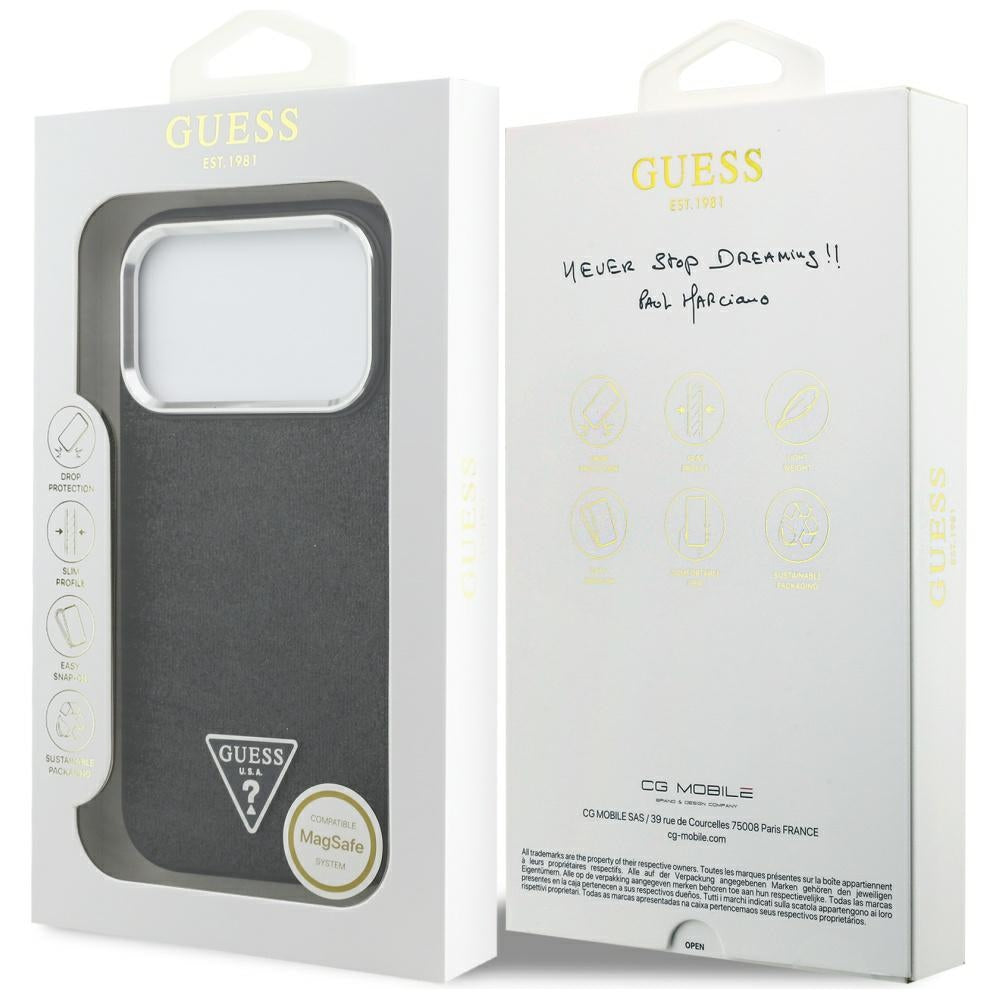 Puzdro MagSafe pre Apple iPhone 17 Pro, Guess, Glitter Triangle Logo, Čierne