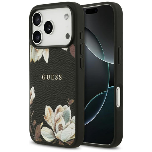 Puzdro MagSafe pre Apple iPhone 17 Pro, Guess, Grained Flowers, Čierne