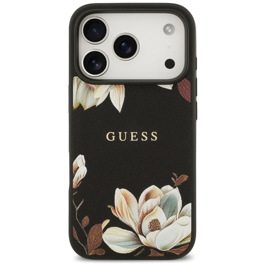 Puzdro MagSafe pre Apple iPhone 17 Pro, Guess, Grained Flowers, Čierne