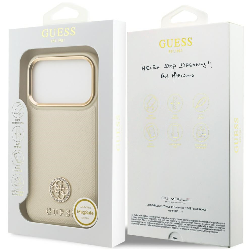 MagSafe Case for Apple iPhone 17 Pro, Guess, Grained Strass Logo, Beige