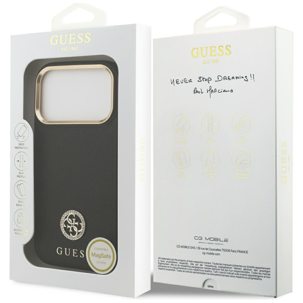 Puzdro MagSafe pre Apple iPhone 17 Pro, Guess, Grained Strass Logo, Čierne