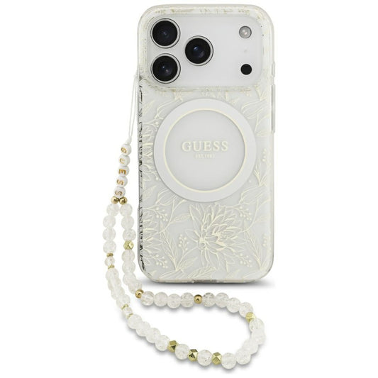Puzdro MagSafe pre Apple iPhone 17 Pro, Guess, IML Flowers Allover Electroplated with Pearl Strap, Biela