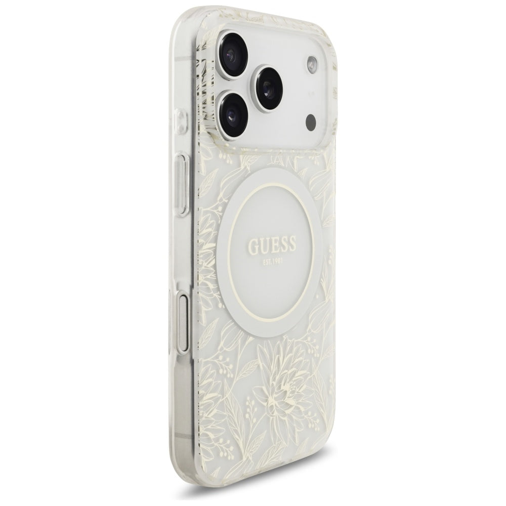 Puzdro MagSafe pre Apple iPhone 17 Pro, Guess, IML Flowers Allover Electroplated with Pearl Strap, Biela