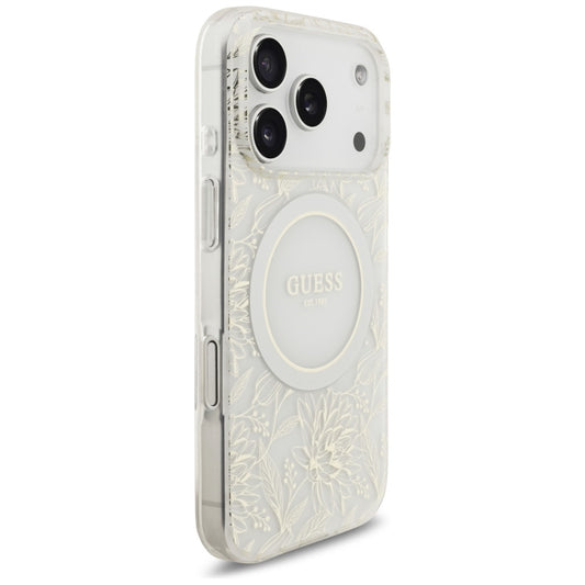 Puzdro MagSafe pre Apple iPhone 17 Pro, Guess, IML Flowers Allover Electroplated with Pearl Strap, Biela