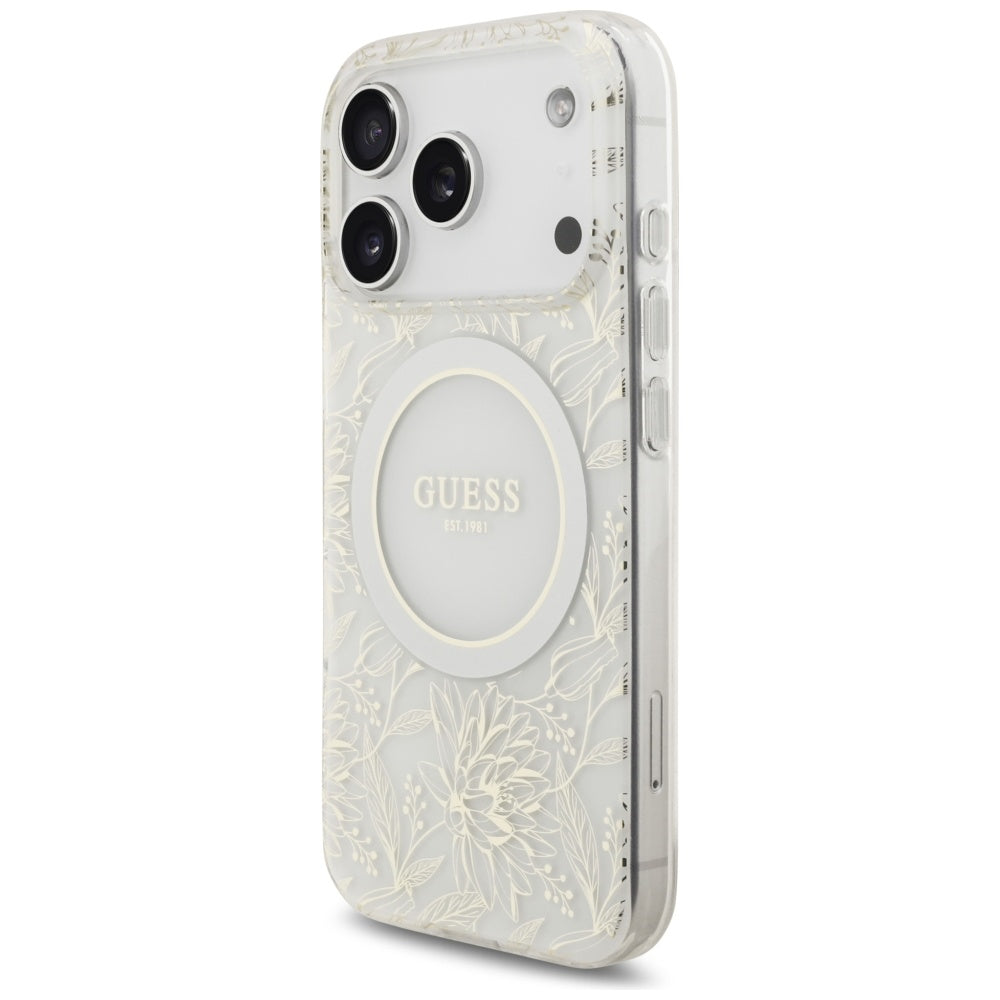 Puzdro MagSafe pre Apple iPhone 17 Pro, Guess, IML Flowers Allover Electroplated with Pearl Strap, Biela