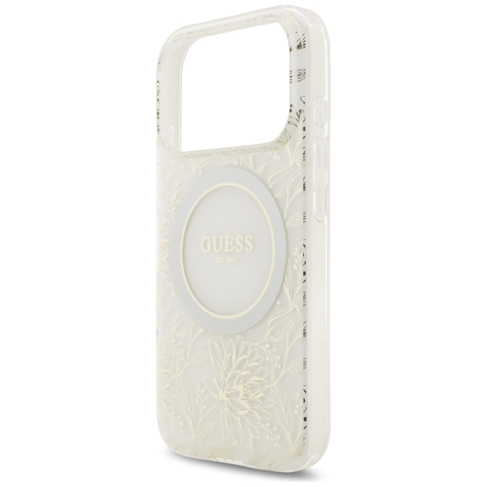 Puzdro MagSafe pre Apple iPhone 17 Pro, Guess, IML Flowers Allover Electroplated with Pearl Strap, Biela