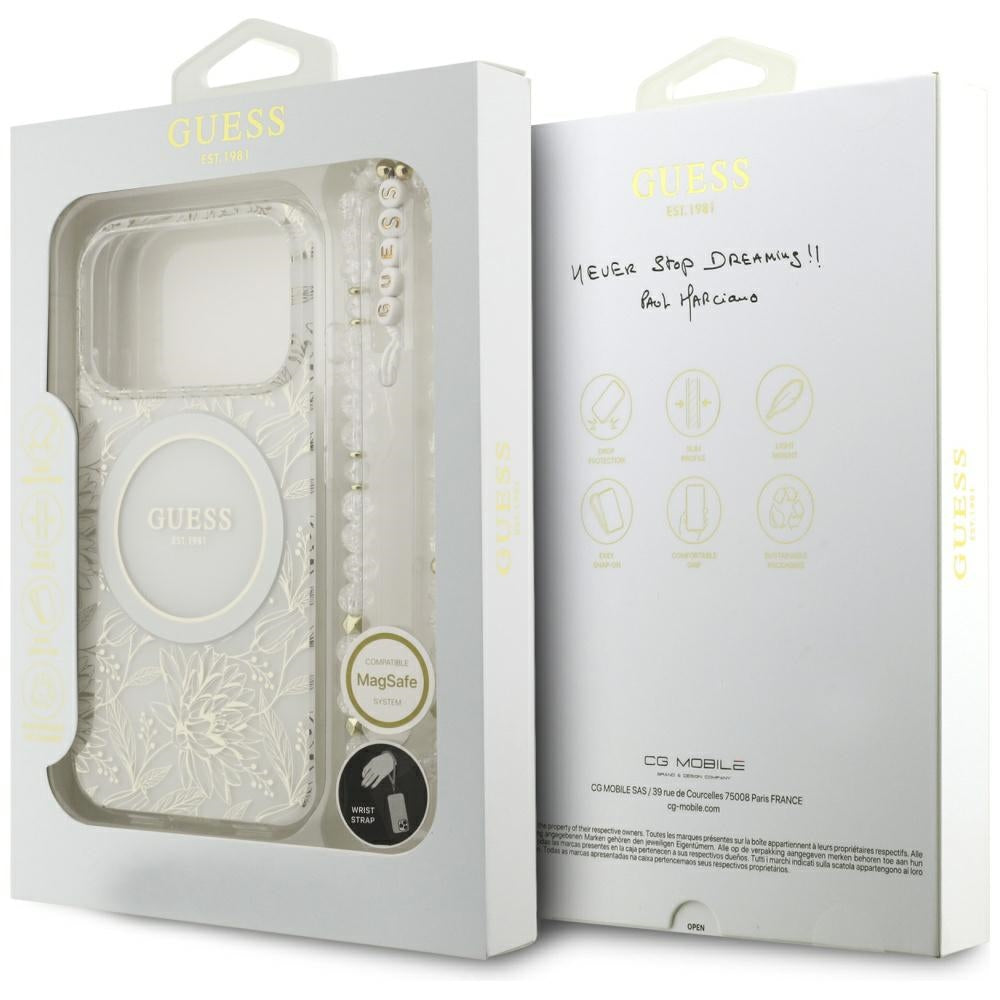 Puzdro MagSafe pre Apple iPhone 17 Pro, Guess, IML Flowers Allover Electroplated with Pearl Strap, Biela