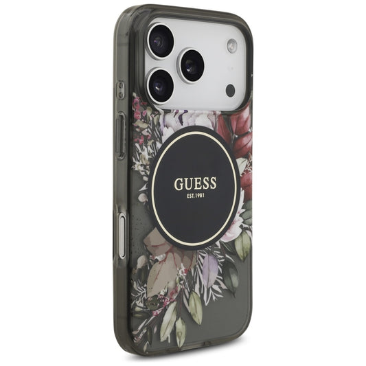Puzdro MagSafe pre Apple iPhone 17 Pro, Guess, IML Flowers with Pearl Strap, Čierne