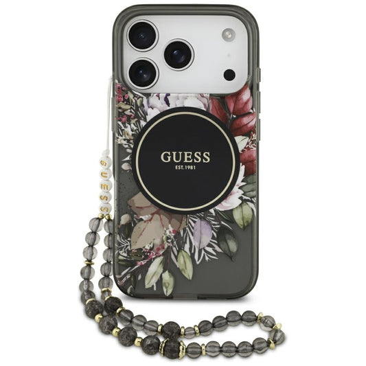 Puzdro MagSafe pre Apple iPhone 17 Pro, Guess, IML Flowers with Pearl Strap, Čierne