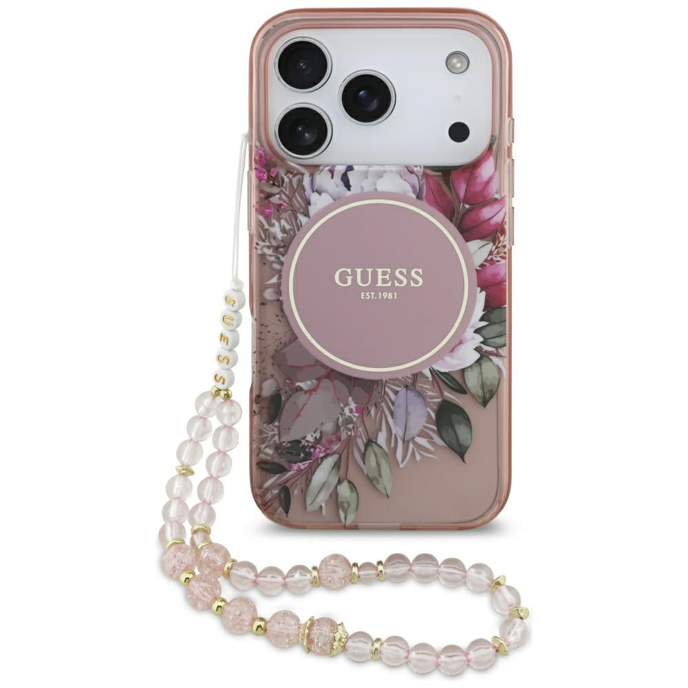 Puzdro MagSafe pre Apple iPhone 17 Pro, Guess, IML Flowers with Pearl Strap, Ružové