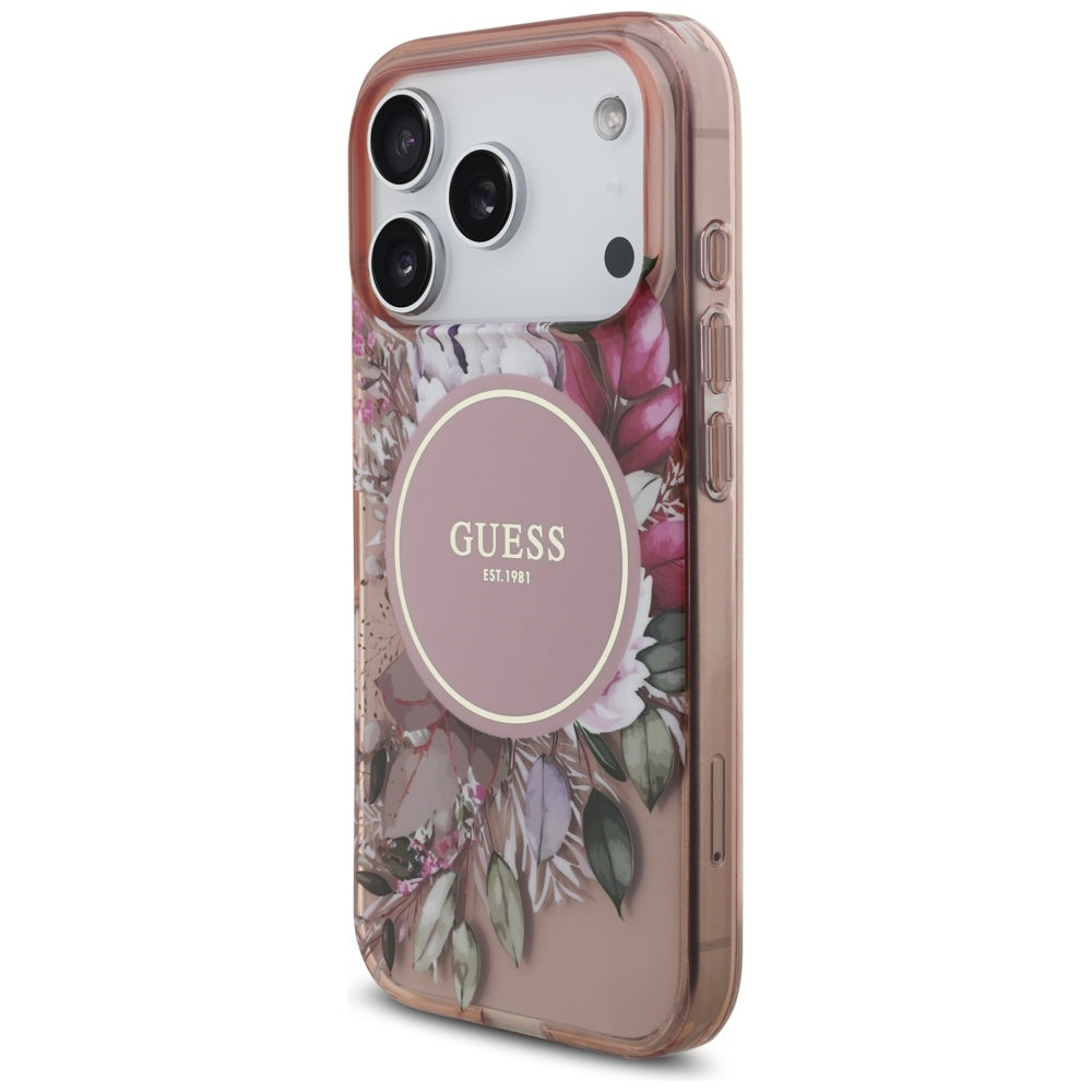 Puzdro MagSafe pre Apple iPhone 17 Pro, Guess, IML Flowers with Pearl Strap, Ružové