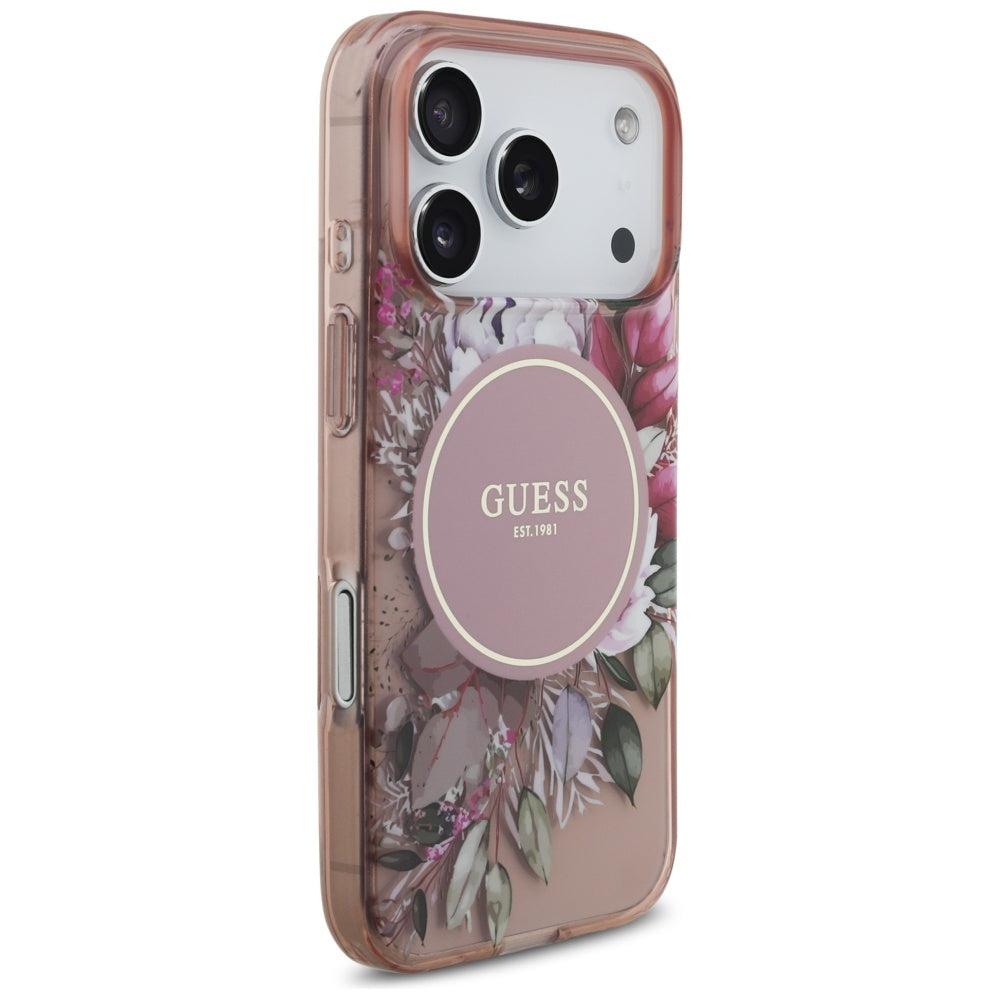 Puzdro MagSafe pre Apple iPhone 17 Pro, Guess, IML Flowers with Pearl Strap, Ružové
