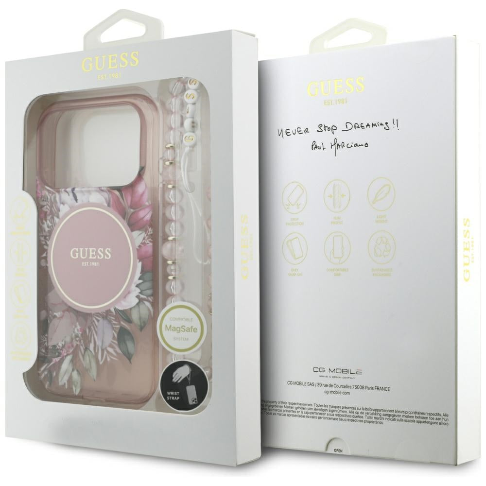 Puzdro MagSafe pre Apple iPhone 17 Pro, Guess, IML Flowers with Pearl Strap, Ružové