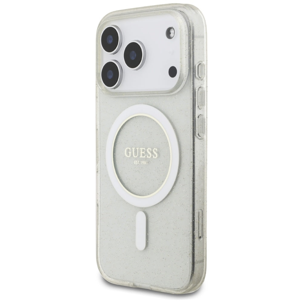 Puzdro MagSafe pre Apple iPhone 17 Pro, Guess, IML Glitter with Pearl Strap, Transparent