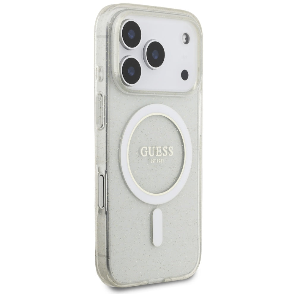 Puzdro MagSafe pre Apple iPhone 17 Pro, Guess, IML Glitter with Pearl Strap, Transparent