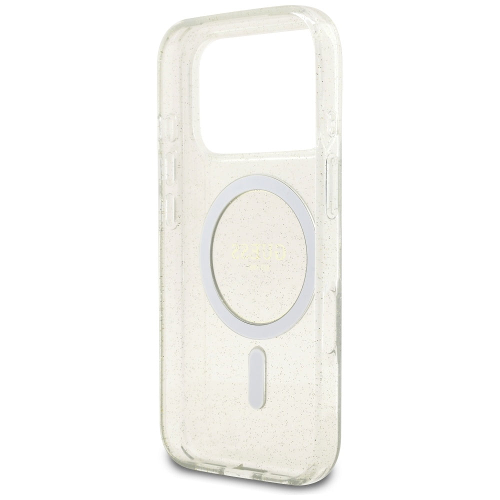 Puzdro MagSafe pre Apple iPhone 17 Pro, Guess, IML Glitter with Pearl Strap, Transparent