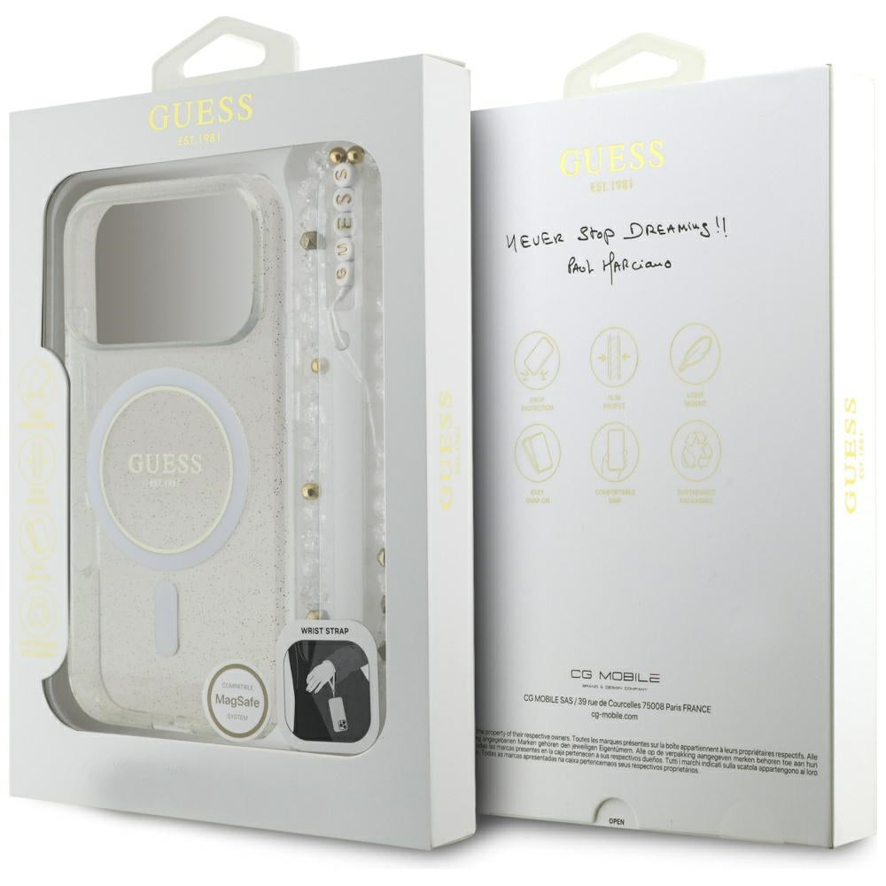 Puzdro MagSafe pre Apple iPhone 17 Pro, Guess, IML Glitter with Pearl Strap, Transparent