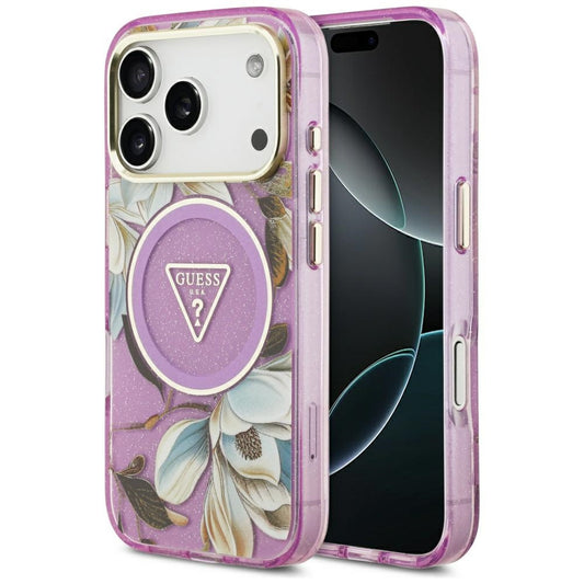Puzdro MagSafe pre Apple iPhone 17 Pro, Guess, IML Metal Glitter Flowers Triangle, Fialová
