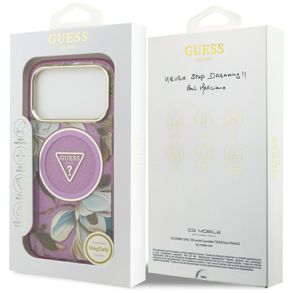 Puzdro MagSafe pre Apple iPhone 17 Pro, Guess, IML Metal Glitter Flowers Triangle, Fialová