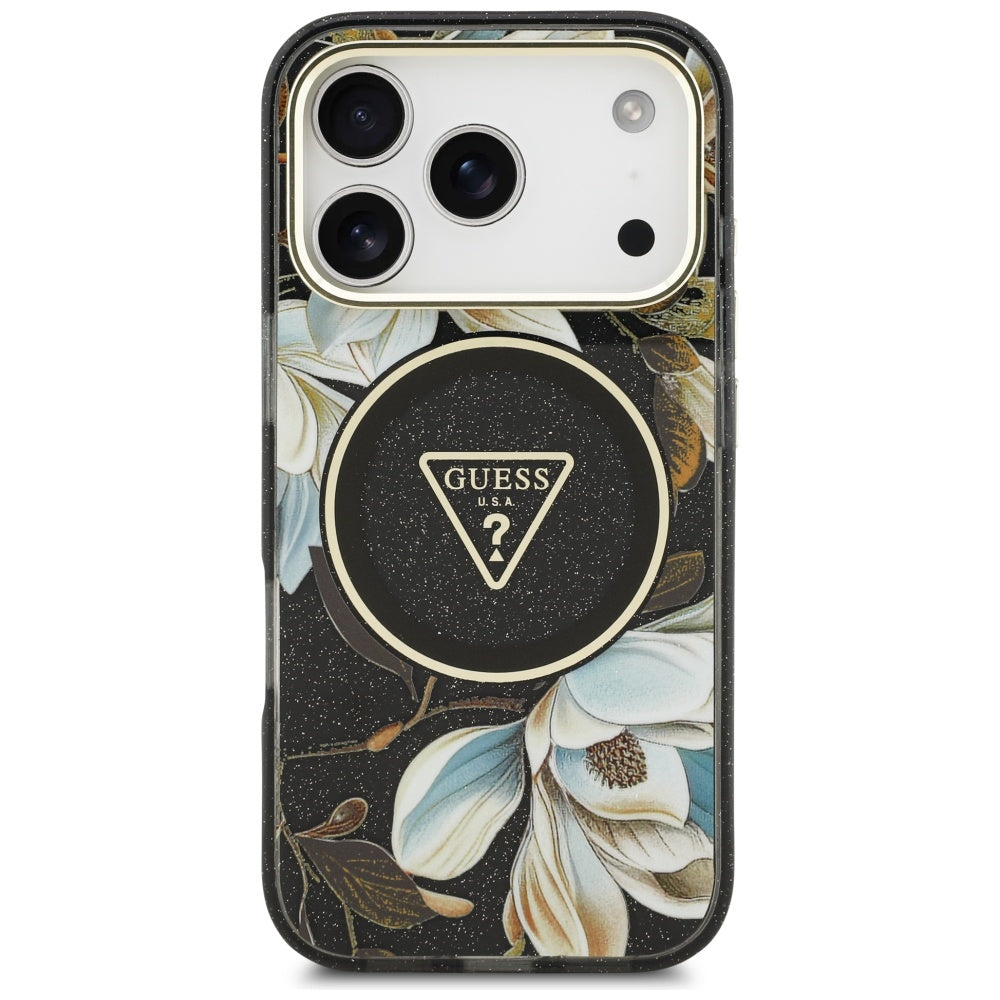 Puzdro MagSafe pre Apple iPhone 17 Pro, Guess, IML Metal Glitter Flowers Triangle, Čierne