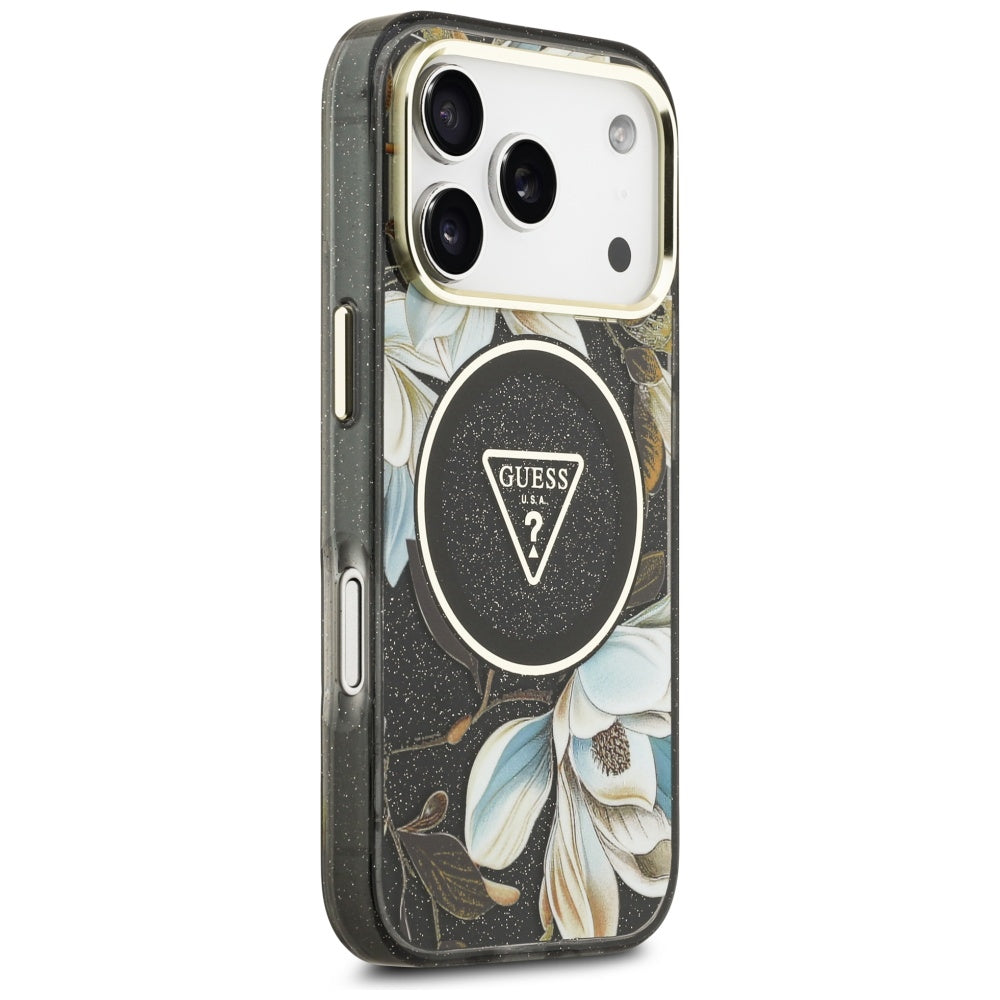 Puzdro MagSafe pre Apple iPhone 17 Pro, Guess, IML Metal Glitter Flowers Triangle, Čierne