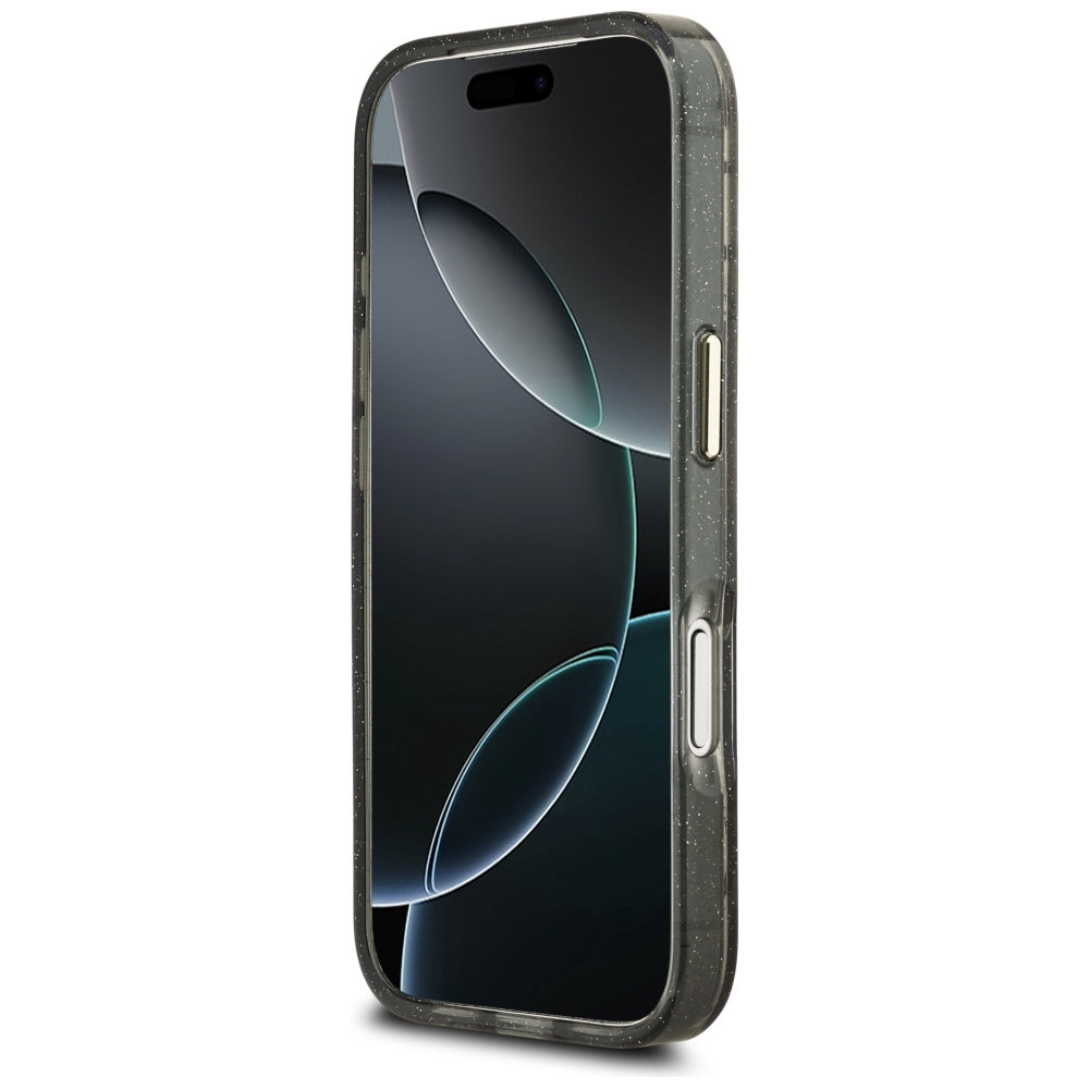 Puzdro MagSafe pre Apple iPhone 17 Pro, Guess, IML Metal Glitter Flowers Triangle, Čierne