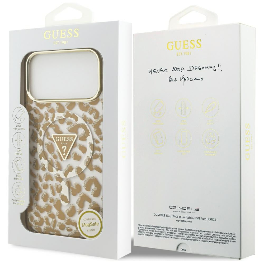 Puzdro MagSafe pre Apple iPhone 17 Pro, Guess, Leopard Glitter, Hnedá