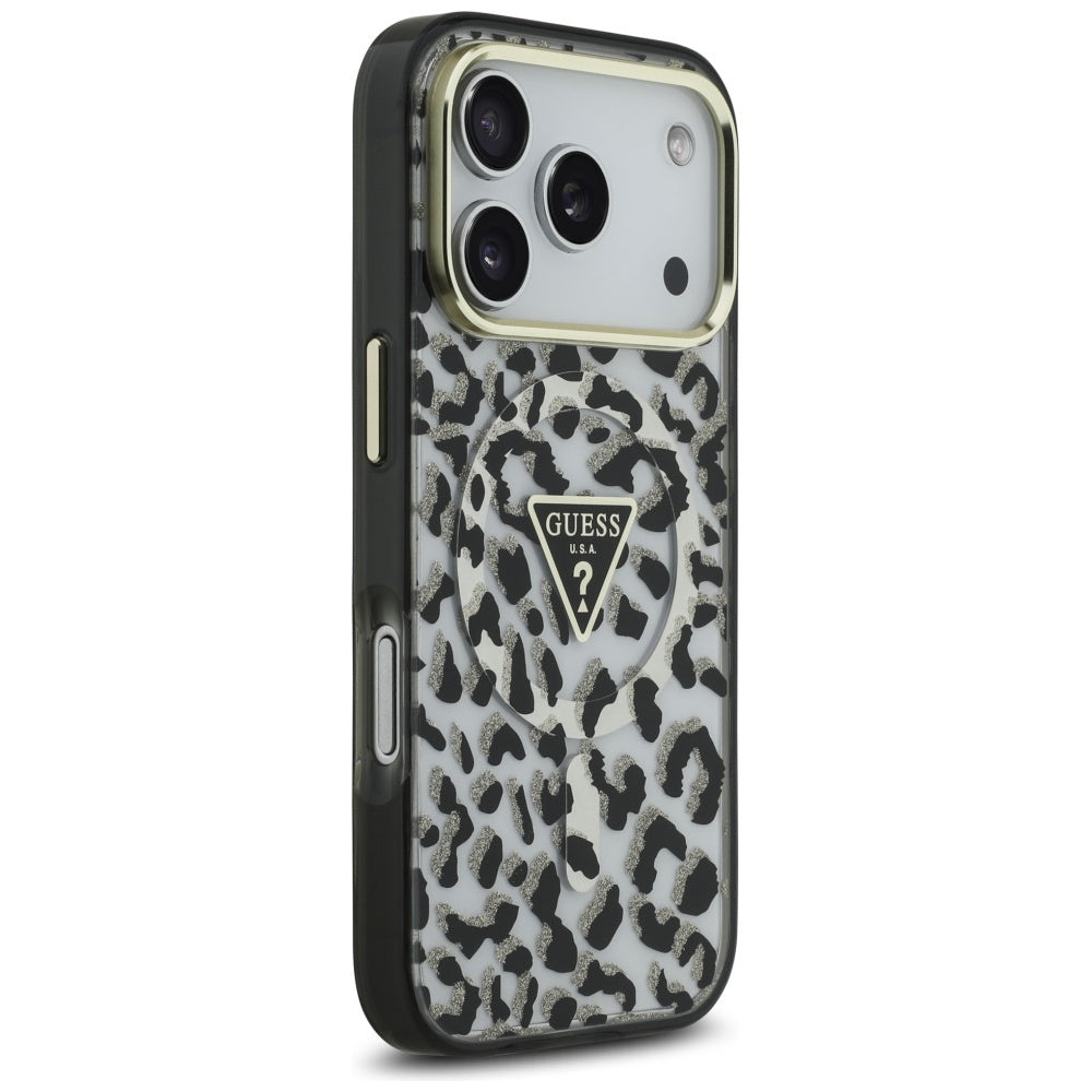Puzdro MagSafe pre Apple iPhone 17 Pro, Guess, Leopard Glitter, Čierne