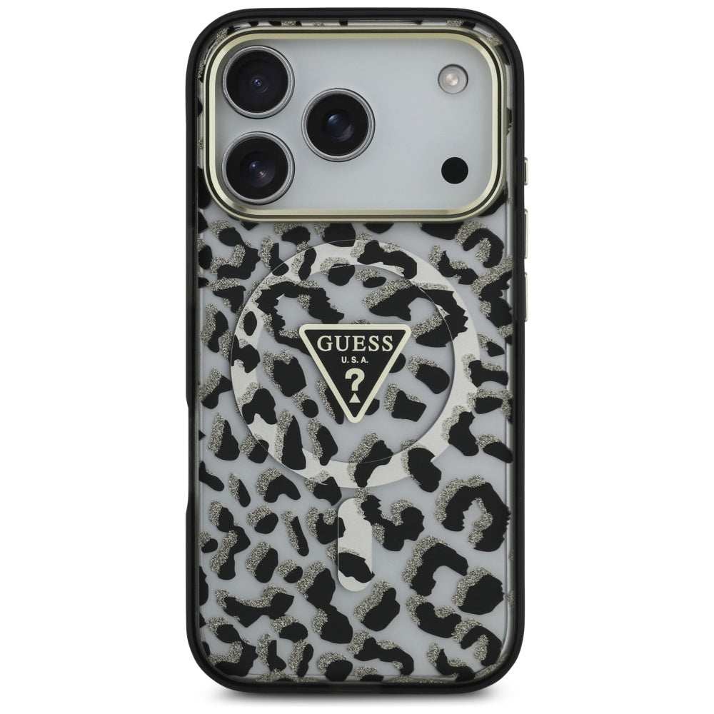 Puzdro MagSafe pre Apple iPhone 17 Pro, Guess, Leopard Glitter, Čierne