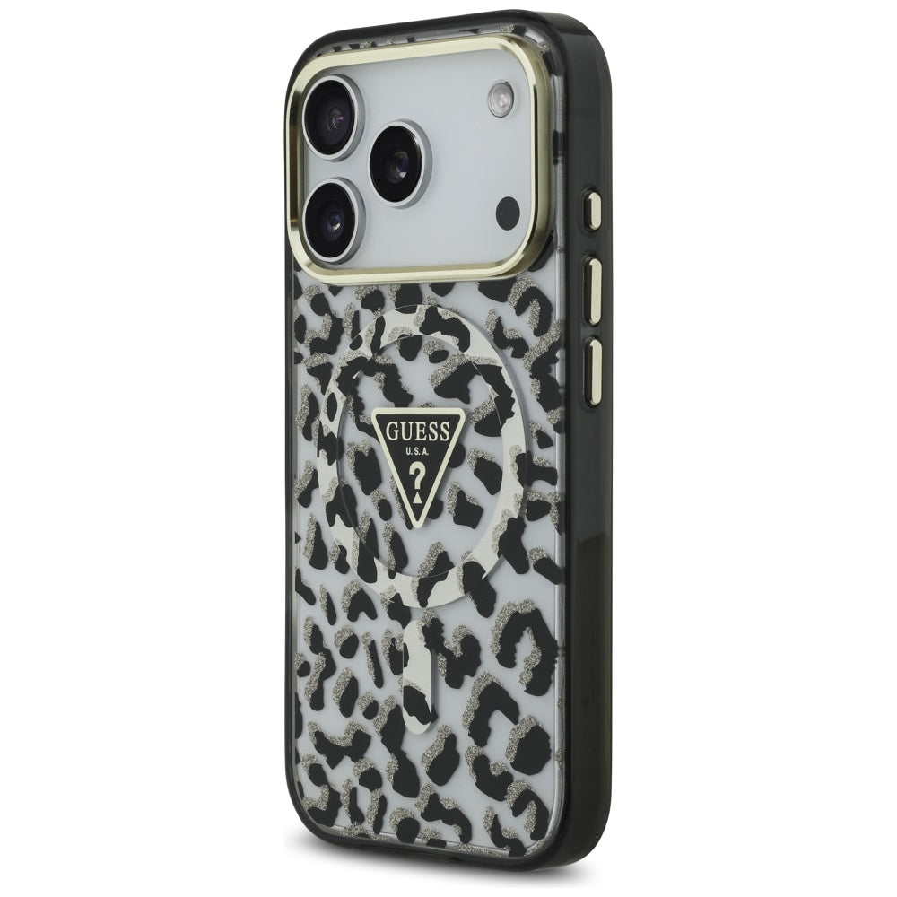 Puzdro MagSafe pre Apple iPhone 17 Pro, Guess, Leopard Glitter, Čierne