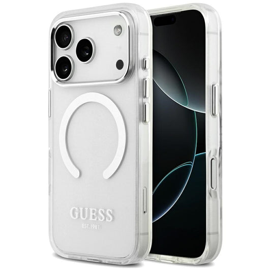 Puzdro MagSafe pre Apple iPhone 17 Pro, Guess, Metal Outline, Strieborné
