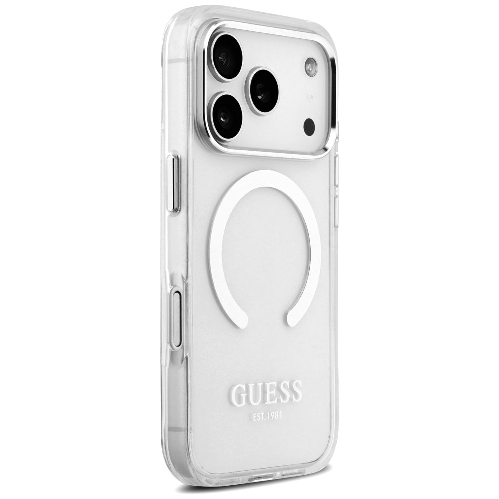 Puzdro MagSafe pre Apple iPhone 17 Pro, Guess, Metal Outline, Strieborné