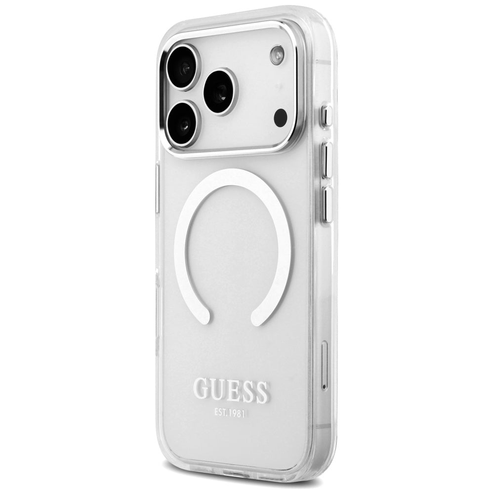 Puzdro MagSafe pre Apple iPhone 17 Pro, Guess, Metal Outline, Strieborné