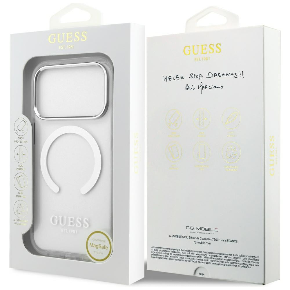 Puzdro MagSafe pre Apple iPhone 17 Pro, Guess, Metal Outline, Strieborné
