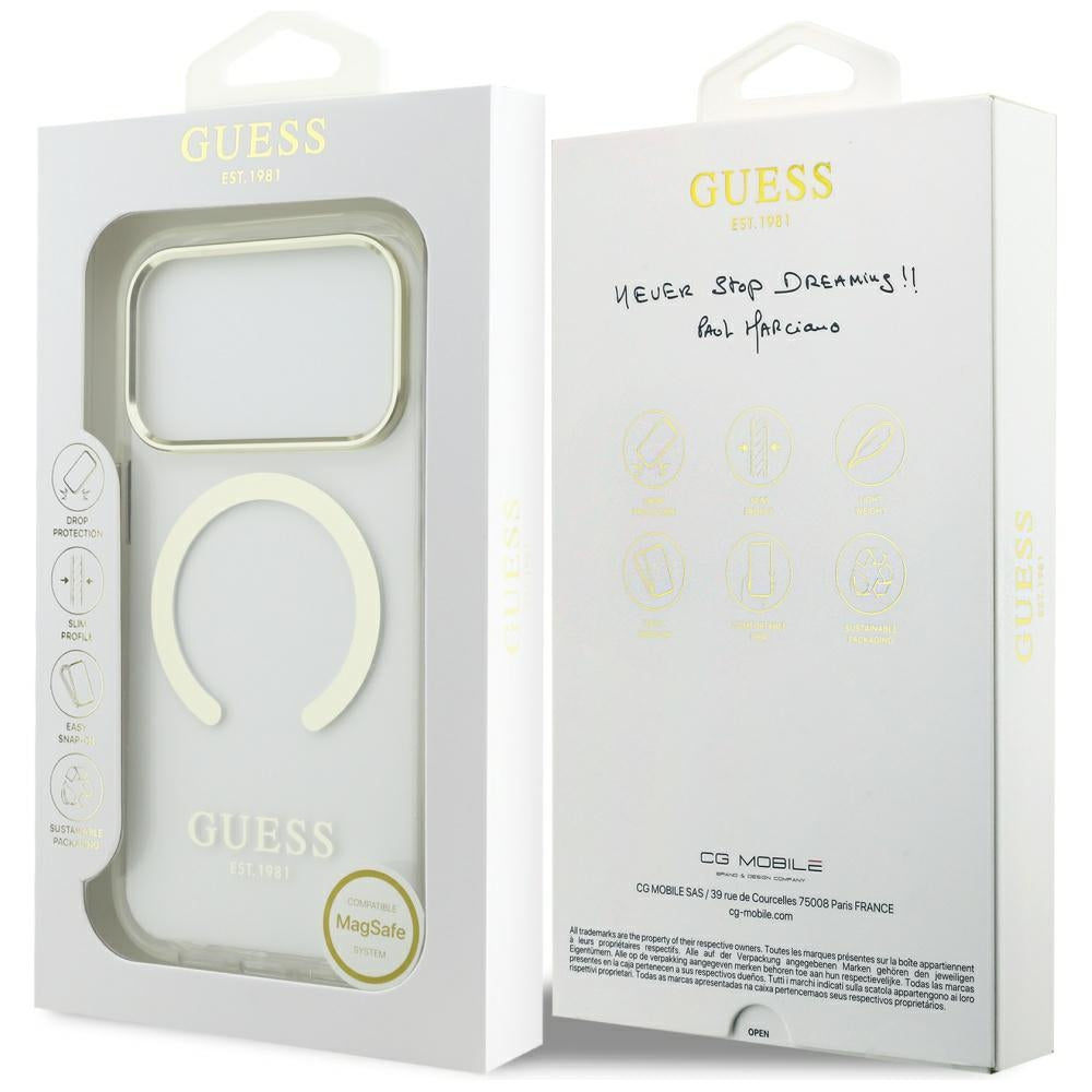 Puzdro MagSafe pre Apple iPhone 17 Pro, Guess, Metal Outline, Zlaté